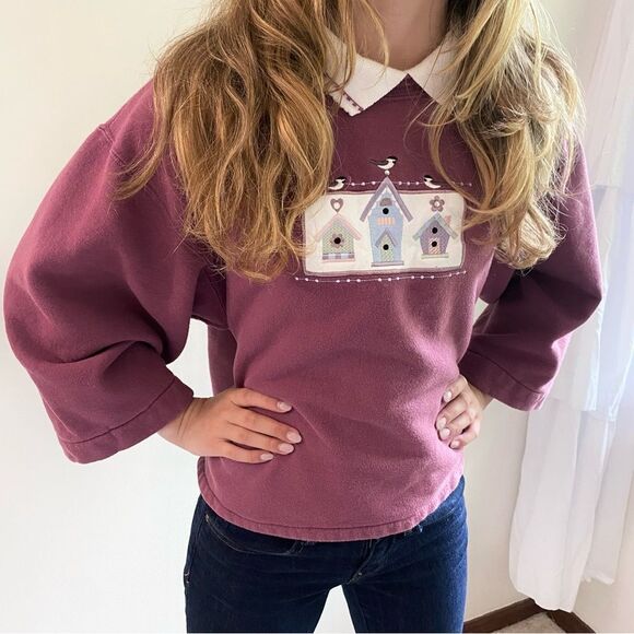 Vintage Collared Top with Embroidered Birdhouse & Birds Design - Picture 5 of 7